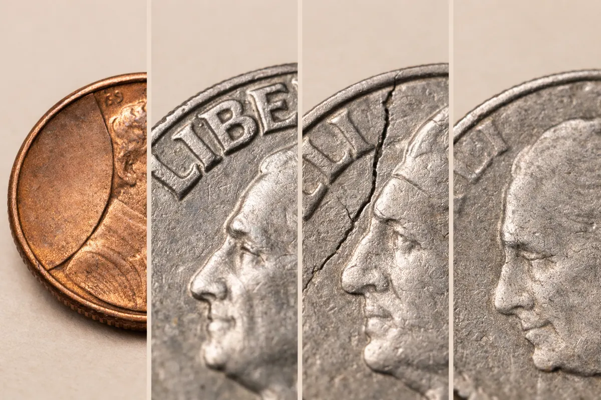 Side-by-side coin detail panels showing off-center strike, doubled lettering, die crack, and normal wear comparison labels.