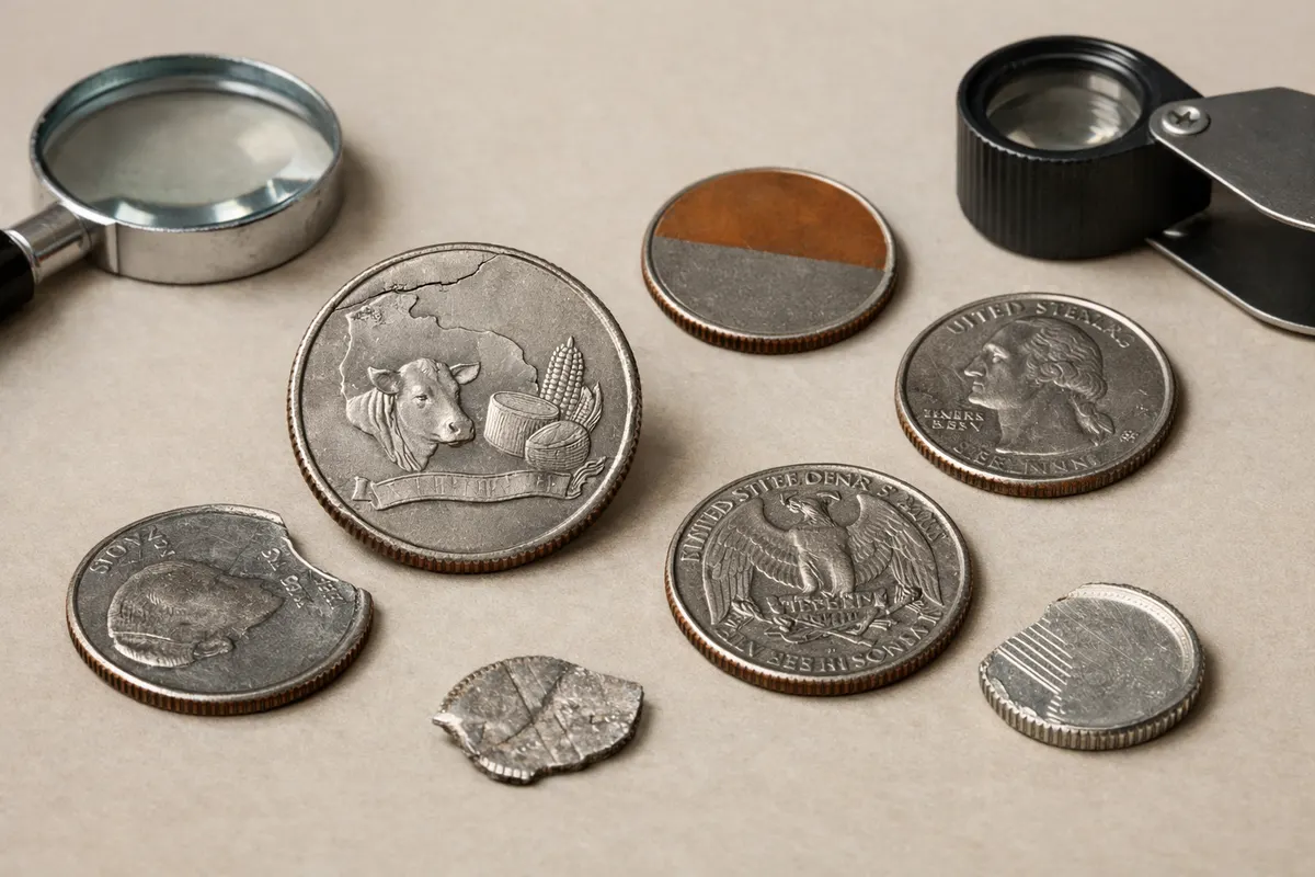 Editorial checklist image for state quarter errors showing visible clues and comparison notes.