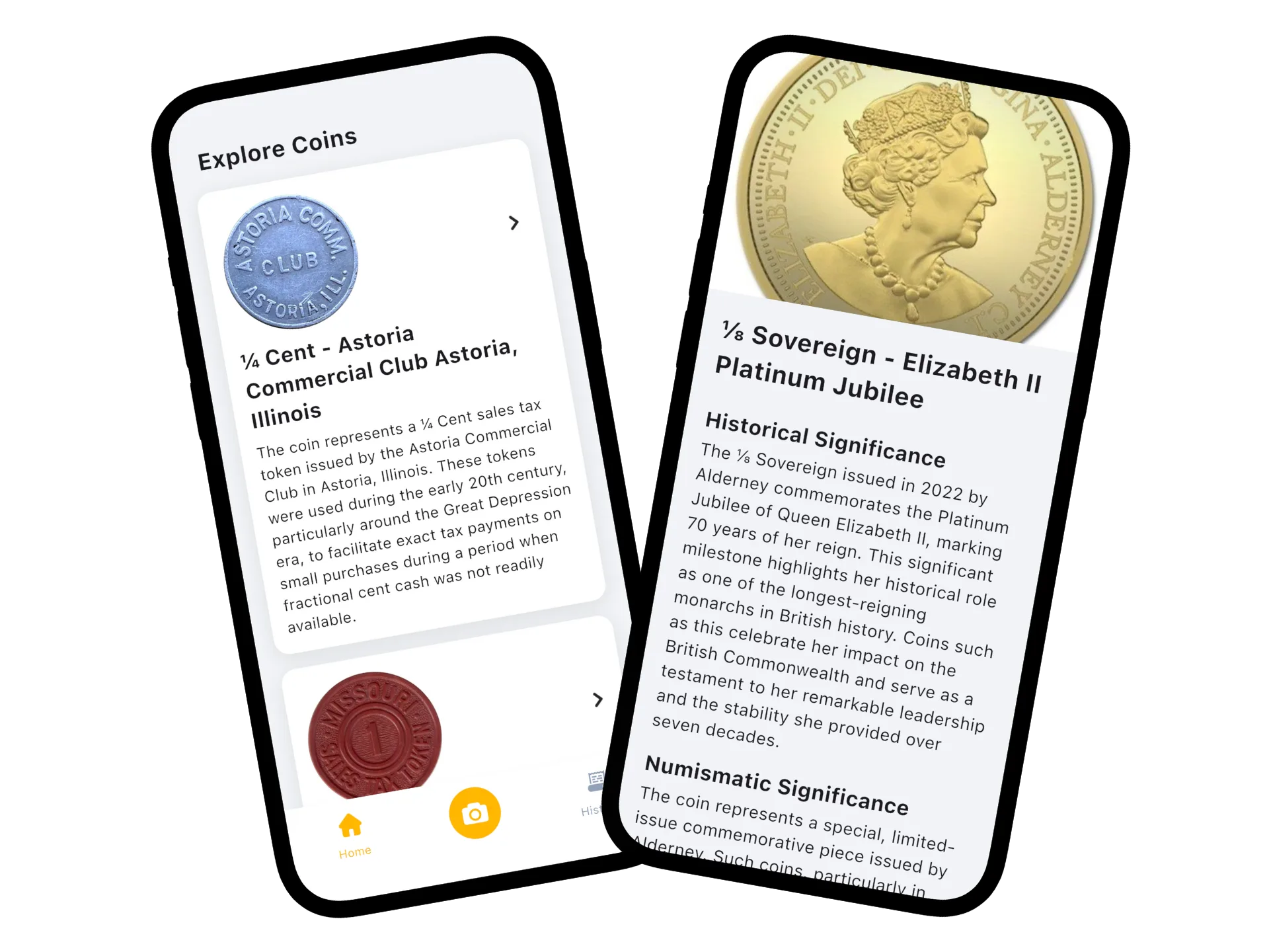 Coin identification interface showing coin identification features