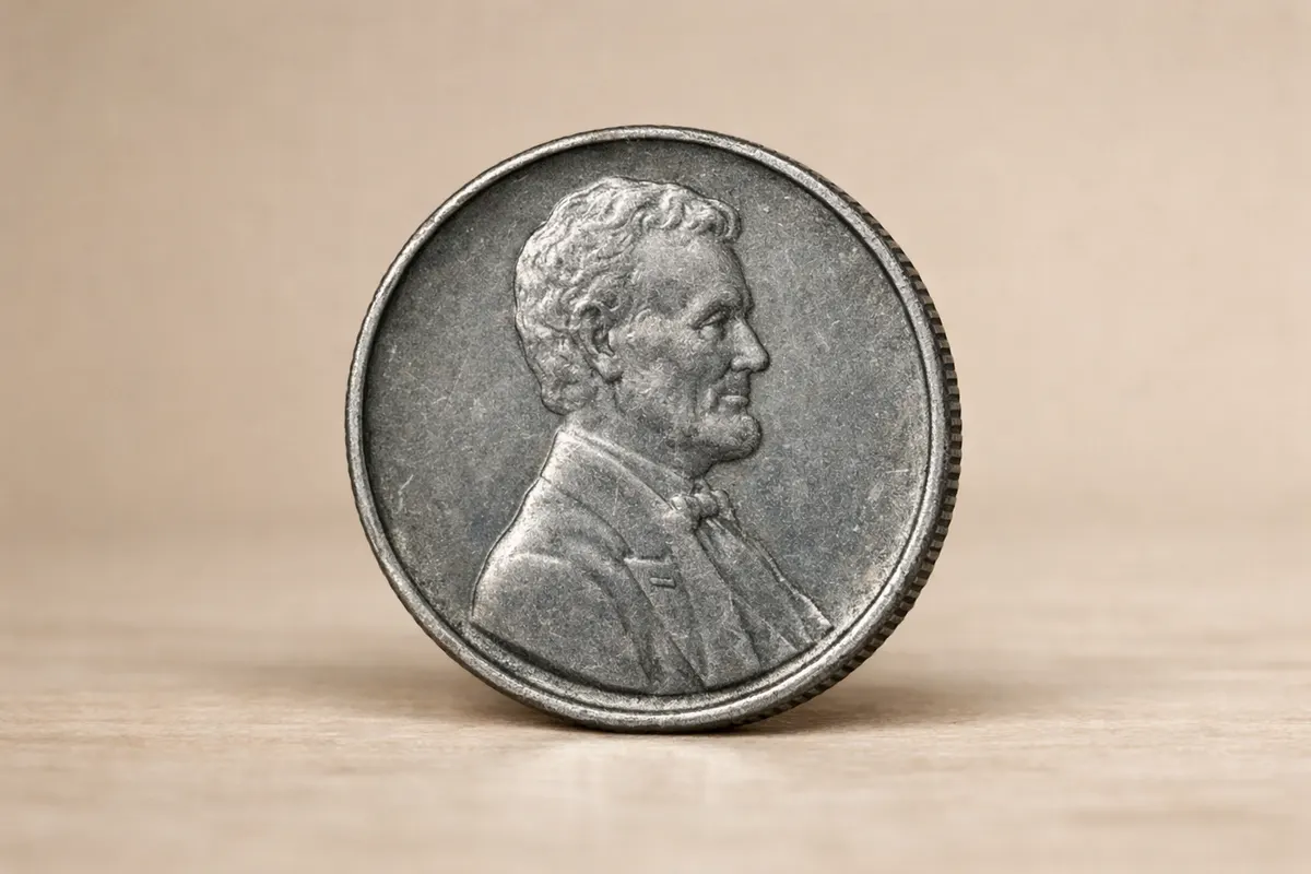 Encyclopedia-style reference visual for 1943 Steel Penny with labeled recognition details and lookalike cues.