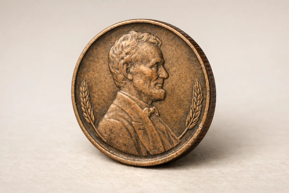 Encyclopedia-style reference visual for Wheat Penny with labeled recognition details and lookalike cues.